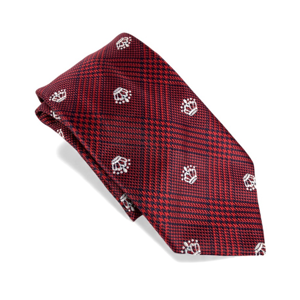 Vintage DAMON MEN'S NECK TIE Red/Navy Houndstooth Plaid EMBROIDERED CROWNS King